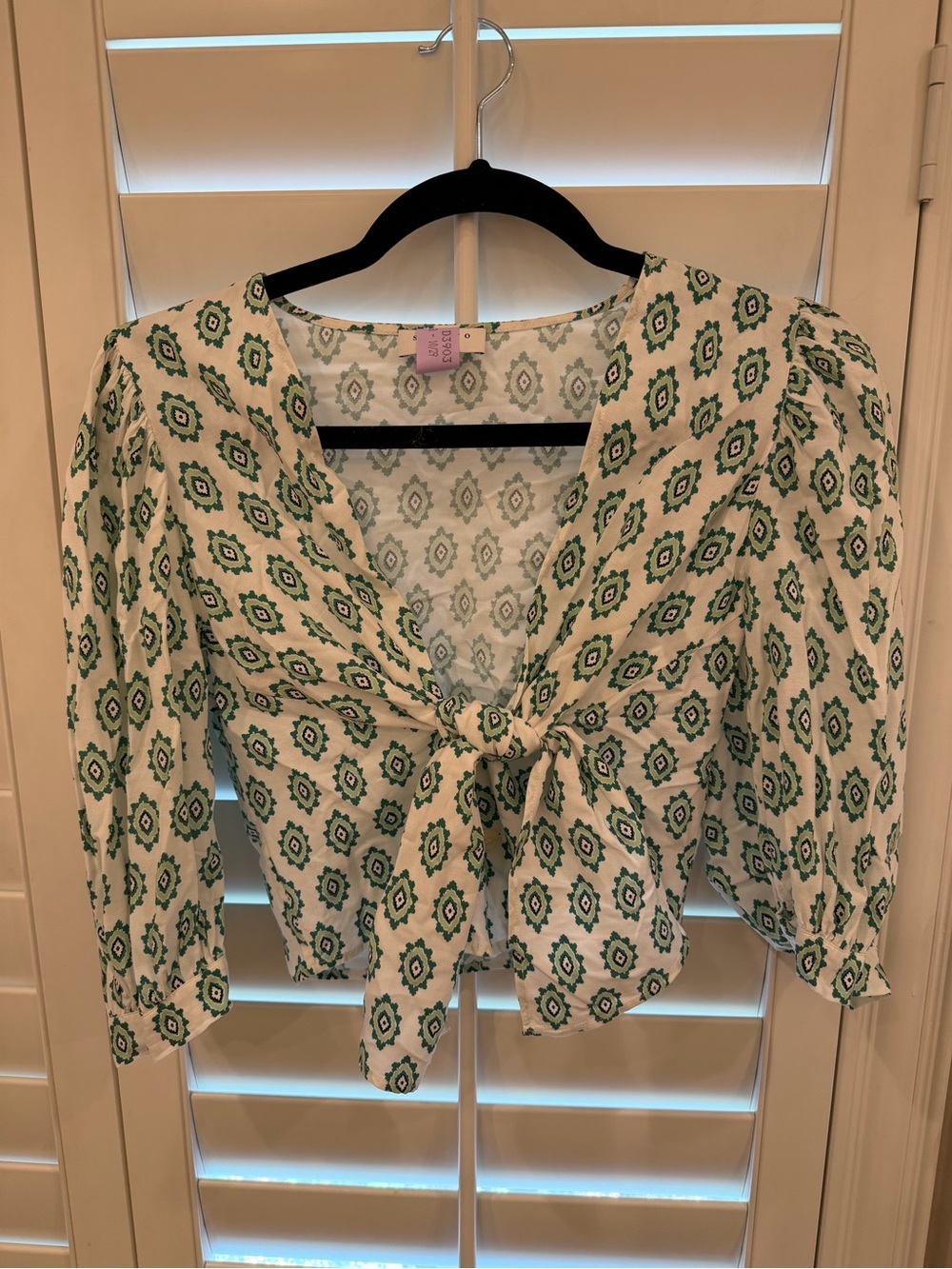 Sandro Cream and Green Tie-Front Geometric Blouse